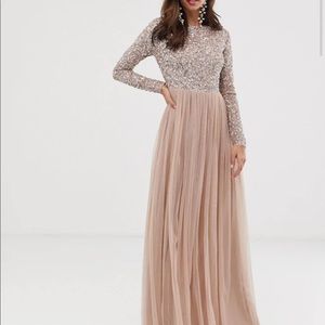 Taupe Blush Maya long sleeve maxi tulle dress
